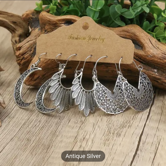 Boho Moon & Feather Hoop Earrings,Antique Silver Tone,3 Pairs Earrings Set - Picture 4 of 5